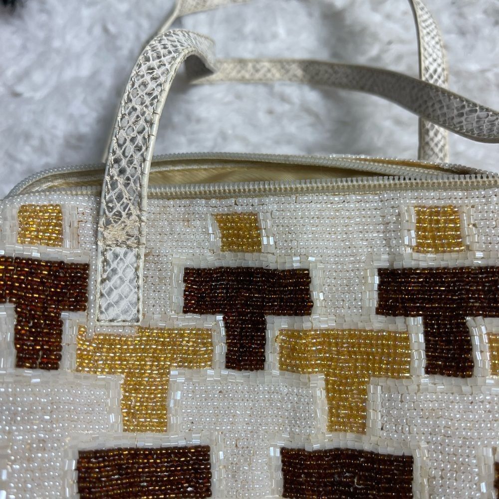 Eswanny beaded Brown,gold &beige satchel faux leather reptile print straps - Picture 16 of 16